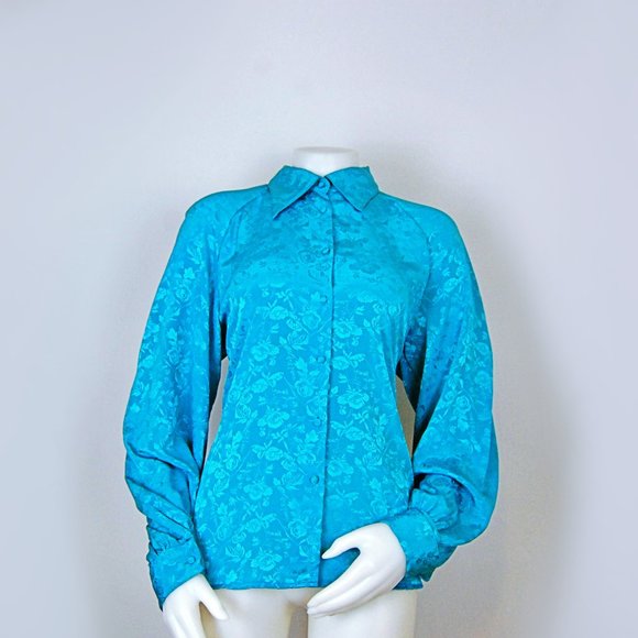 Vintage 90's Teal Floral Draped Button Up Blouse - Picture 1 of 7